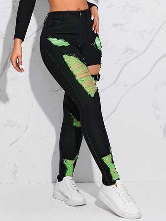 STLY New Autumn/Winter Elastic Waist Skinny Fit Pants, High Waist Design, Contrast Color Panels, Double Waistband Decor, Fashionable High Street Punk Rock City Style Asymmetrical Distressed Jeans, Black Washed Denim