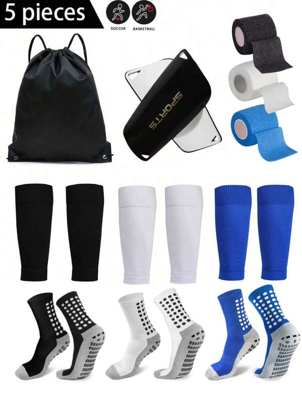 Set de 5 piezas de equipo de fútbol que contiene bolsa con cordón impermeable, calentadores de pierna, espinilleras, mangas para pantorrilla y calentadores de pierna antideslizantes hasta la rodilla para entrenamiento deportivo juvenil