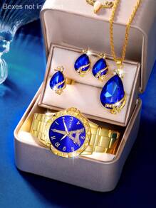 Set de 5 piezas que incluye reloj de mujer con esfera de torre Eiffel con diamantes de imitación y set de joyería con gema azul. Reloj adecuado para uso diario, vuelta al cole, temporada de graduación, Acción de Gracias, regalos de pareja. No incluye caja de regalo.