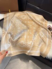 1 件佩斯利印花仿丝 27.6 英寸方形围巾，多功能头巾，头巾，男士颈带，轻便防晒 - 卡其色 - 查看 2