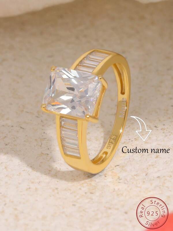 1pc Customized S925 Sterling Silver Ring, Elegantly Inlaid With Zirconia Stones, Engraved With Personal Name, Women Jewelry Gift For Graduation, Birthday, Anniversary, Mother's Day