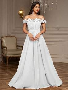 Off-Shoulder Three-Dimensional Floral Pleated Chiffon Ball Gown, Party Dress, Prom Dress - White - View 1