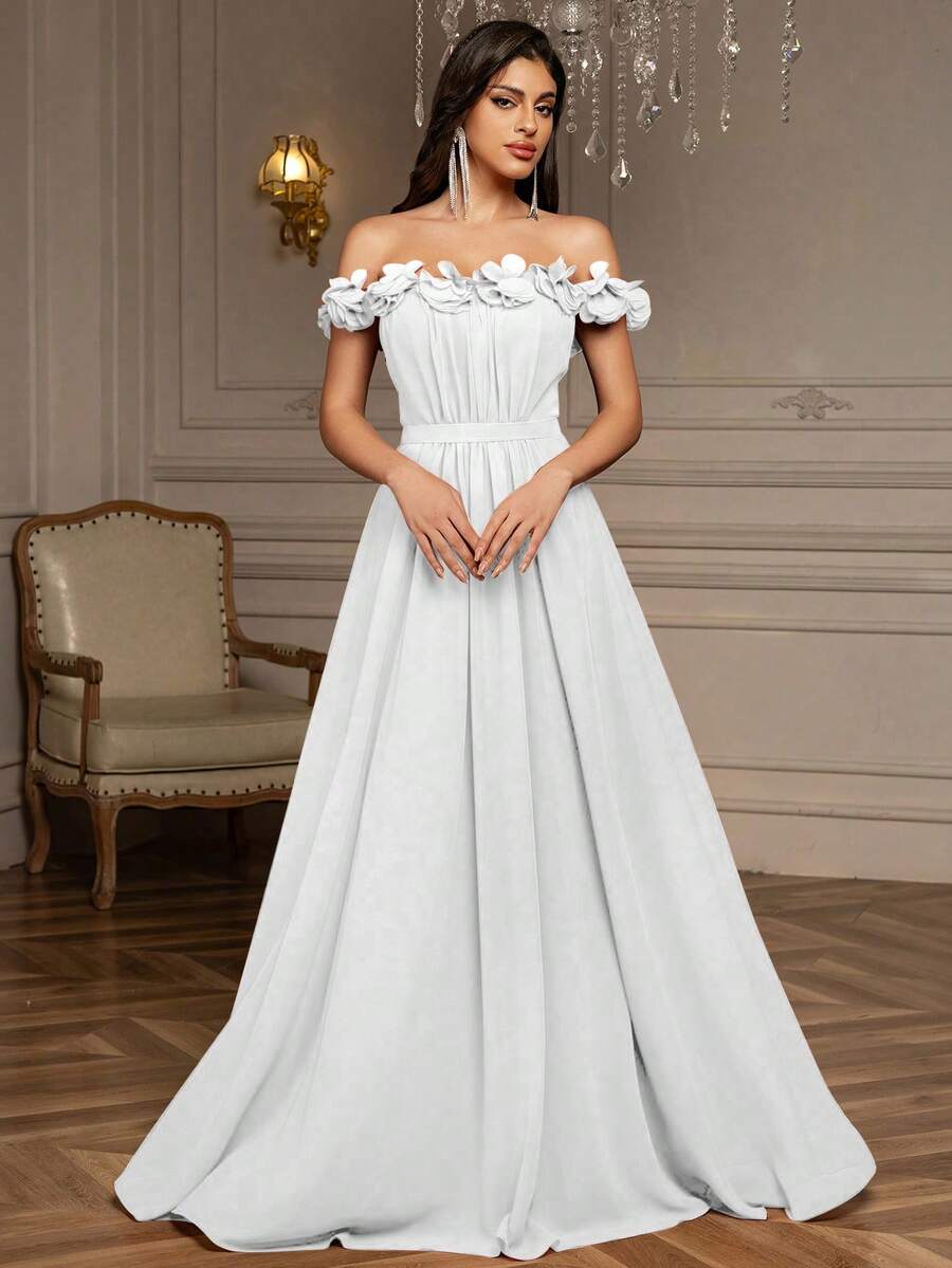 Off-Shoulder Three-Dimensional Floral Pleated Chiffon Ball Gown, Party Dress, Prom Dress - White - View 1