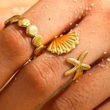 2pcs/Set Personalized Starfish & Shell 18k Gold Plated Stainless Steel Rings, Fashion Jewelry For Women Beach Resort Decoration, Gift