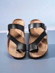 Men's Fashion Soft Cork Sole Comfortable Insole Slip On Mule Sandals, Summer Outdoor Beach Walking Slippers Unisex Couple Shoes - Black - View 2