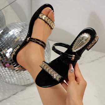 Round Toe Sandals For Women, New Fashion Chunky Heel Slides, Stylish Plus Size Flat & High Heeled Slippers