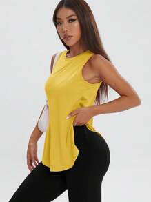 1pc Women Casual Loose Sleeveless Sports Top, Solid Color Crew Neck With Side Slit, Comfortable For Fitness, Spring/Summer