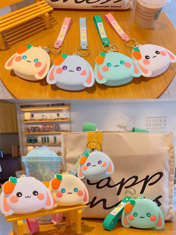 1PC Zippered Silicone Coin Purse, Cute Radish Rabbit Shape,The Mini Bag With Keychain Can Be Used To Store Coins, Earphones And Other Small Items