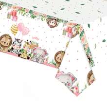 1 pièce Nappe jetable imprimée avec des animaux de la jungle roses, dessin animé, convient pour baby shower, fête d'anniversaire, couverture décorative rectangulaire pour table - Multicolore - Voir 2