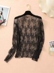 1 pezzo Camicetta casual trasparente da donna con colletto in pizzo e merletto, elegante collo alto, maniche lunghe, effetto velato