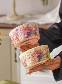 1pc 4.5 Inch Ceramic Bowl, Gorgeous Floral Glazed Design, INS Style Tableware, High Foot Rice/Soup Bowl,School Supplies