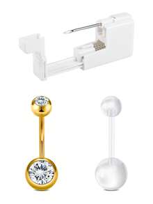3Pcs Belly Button Piercing Kit Gun, Professional Body Piercing Kit, Belly Button Piercing Gun Navel Piercing Kit For Women, Disposable Belly Piercing Gun At Home With Belly Button Rings