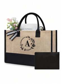 1/2 pezzi Borsa shopping tela con stampa lettere iniziali dalla A alla Z, con borsa portaoggetti cosmetici inclusa, borsa personalizzata, grande capacità, adatto per matrimoni, compleanni, spiaggia, vacanze, scuola, ottimo regalo per donne, mamme, insegnanti, amiche, damigelle d'onore, studenti, borsa grande. Borsa casual capiente e portatile, adatta per lo shopping multifunzionale