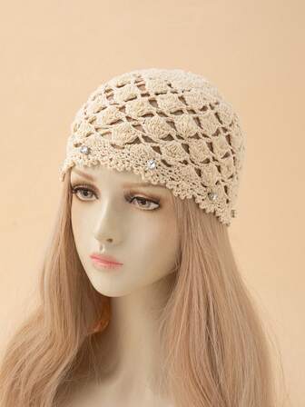1 件女士纯色镂空水晶手工钩针针织帽，适合春夏秋季日常和户外穿着