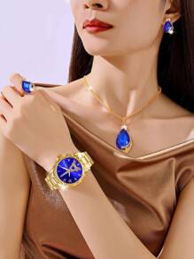 Set de 5 piezas que incluye reloj de mujer con esfera de torre Eiffel con diamantes de imitación y set de joyería con gema azul. Reloj adecuado para uso diario, vuelta al cole, temporada de graduación, Acción de Gracias, regalos de pareja. No incluye caja de regalo.