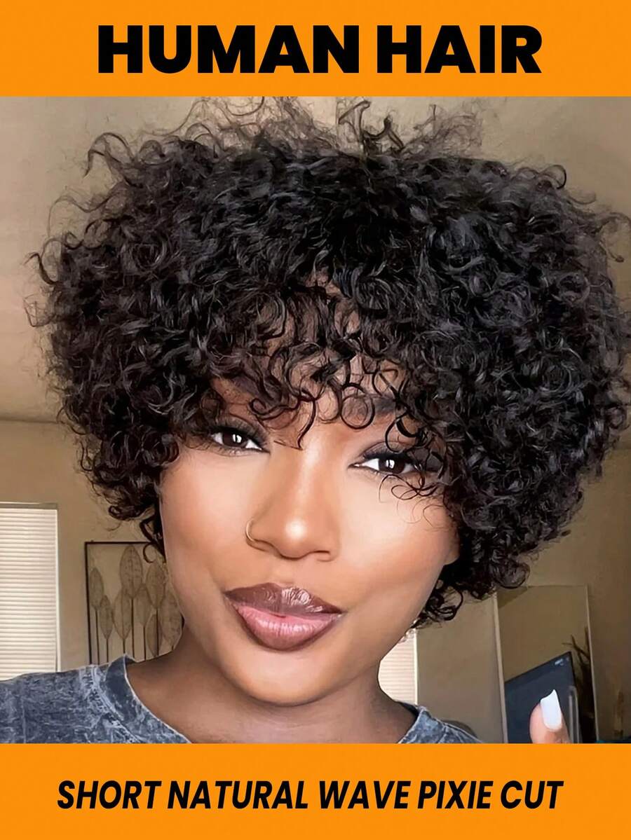 Highlight Short Pxie Cut Curly Wig Full Machine Made Human Hair Wigs With Bang Loose Curly Wave None Lace No Glue 150% Density Natural Black Colored Pixie Cut Wigs For Women Daily Use - SNatural - Xem 1