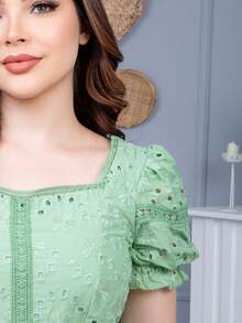 Lese 100% Cotton Midi Dress Square Neckline Beautiful Women's Short Sleeve Formal Lined Elegant Casual - 綠色 - 查看 2