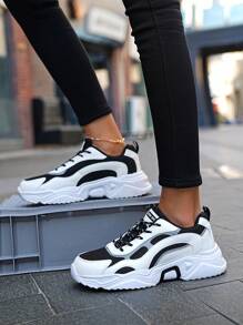 Patchwork Contrast Color Tongue Letter Thick Sole Casual Sporty Mesh Breathable Sneakers For Teenagers, Unisex