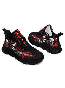 Zapatos de senderismo transpirables para hombres con impresión de calavera y espada, con ajuste ancho, suela con cuchilla, livianos, antideslizantes, amortiguación de impactos, aptos para uso casual