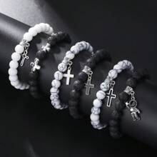 1 Set 2pcs Street Style Design White Turquoise & Lava Stone Beaded Astronaut & Hollow Cross Drop Oil Contrast Color Bracelet Kit For Couples And Festival Gift