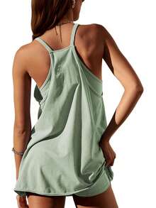 Women Athletic Mini Dresses Built-In Shorts Set Summer Sleeveless Sundress Hot Shot Mini Dress - Cadet Blue - View 2