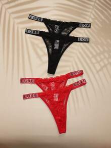 7pcs Women Lace Floral Rhinestone Decorated Sexy Lingerie Set, Thong Panties With Rhinestone Letter Decor