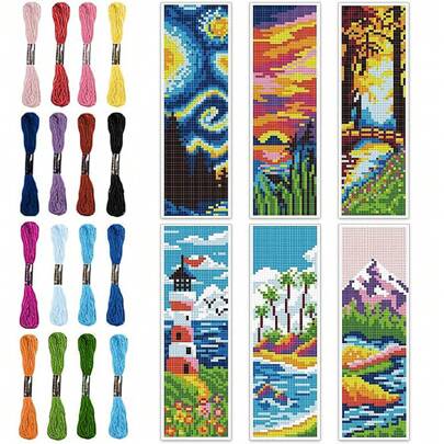 6pcs Landscape Themed Cross-Stitch Bookmarks DIY Craft Kit - Suitable For Handicraft Enthusiasts And Beginners, Includes 6 Printed Cross-Stitch Cloths, Sufficient Embroidery Threads, Cross-Stitch Tools (Random Colors), And English Instructions - Can Be Used As Book Markers, Home Decors, Or Gifts For Friends, Classmates, Teachers