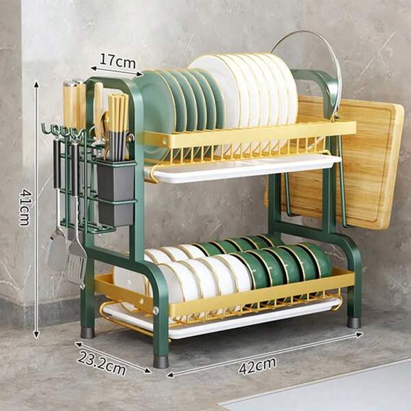 Hot  2-Tier Dish Drying Rack Drainboard Countertop Organizer With Cutlery Cup Holder Storage