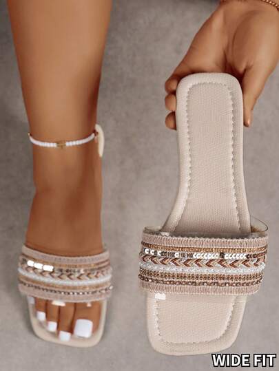 1双女士宽楦度假波西米亚风水钻平底拖鞋，舒适易穿，适合夏季日常穿着、派对和户外活动