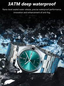 1pc Fashion Waterproof Luminous Stainless Steel Watch For Man With Date Week Display Casual Quartz Men's Watches Suitable For Daily Wear Male Wristwatch+Box