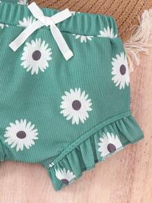 2pcs/Set Baby Girl Cute Print Jumpsuit & Shorts Set, Summer - Green - View 7