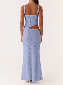 Women Crochet Knit Bodycon Maxi Dress Sexy Sleeveless Cut Out Boho Party Club Long Dress - 藍色 - 查看 4