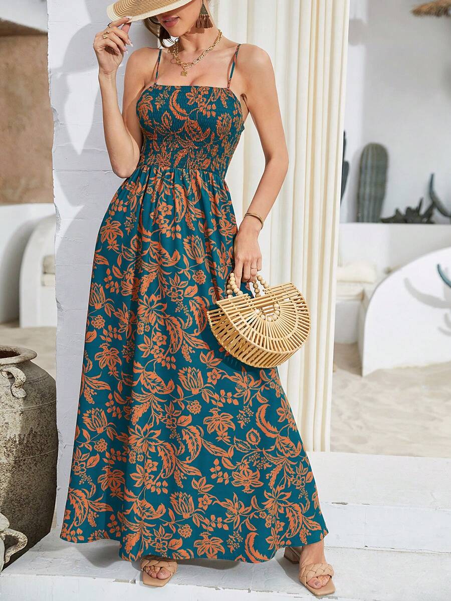 Allover Floral Print Shirred Bodice Cami Dress - Multicolor - View 1