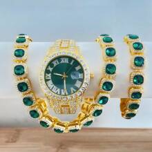 Set de joyería de 3 piezas estilo europeo y americano hip-hop con diamantes completos, reloj, collar y pulsera con rhinestones, correa de metal y calendario, regalo para estudiantes hombres y mujeres