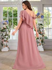 Abito da cocktail, cerimonia, serata formale, invitato a matrimonio, in chiffon minimalista, sexy, spalla asimmetrica
