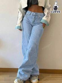 Jeans droits amples à taille élastique style rétro minimaliste pour femmes