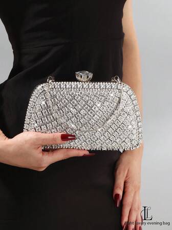 Women's Shiny Crystal Decorated Evening Clutch Bag, Paired With Metal V-Shaped Diamond Decor, Glamorous Box-Shaped Handbag, Perfect For Brides, Weddings, Parties, Balls, Birthdays, Valentine's Day, Gatherings, Shoulder Bag, Handbag, Clutch, Cosmetic Bag