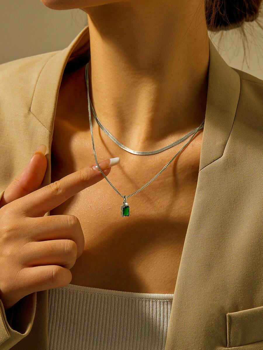 Bộ 2 dây chuyền xích Venetian hình vuông nhiều lớp bạc có thể xếp chồng lên nhau thiết kế thời trang khảm vi mô màu xanh lá cây đậm dành cho phụ nữ - Bạc - Xem 1