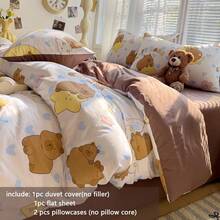 4pcs Bedding Set (Duvet Cover X1, Flat Sheet X1, Pillowcase X2, No Filler), Cartoon Cute Print Duvet Cover - Bear, Kitty, Heart, Polka Dot, Cherry Pattern, Solid Color Sheet, Skin-Friendly Breathable, Khaki/Pink, Suitable For Children Dorm, Home Bedroom, Boys And Girls, Multiple Colors Available - Multicolor - View 4