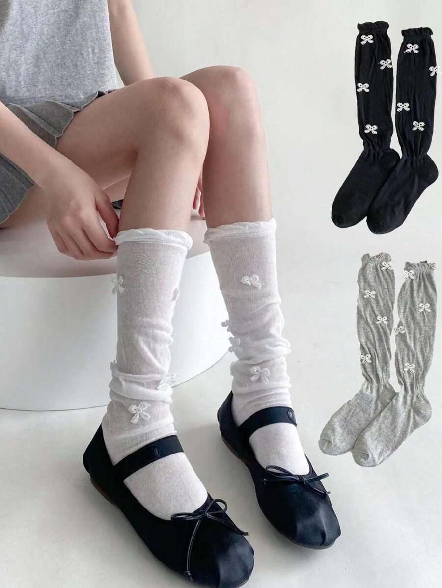 1 par de calcetines/medias altos de punto y encaje con diseño de lazo, cordones cruzados y costillas, ideal para primavera/otoño