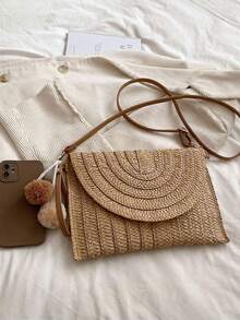 带磁性翻盖的草编斜挎包，信封形迷你方形包，配有腕带，时尚纯色百搭草编女士单肩包 - 卡其色 - 查看 7