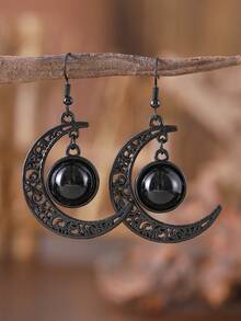 1 对哥特式黑色蝙蝠和新月形镂空吊坠耳环，优雅新月耳坠女士珠宝礼物 - 黑色 - 查看 2