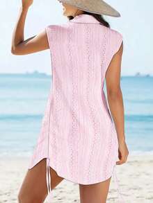 Women's Summer Vacation Hollow Out Embroidery Side Drawstring Dress - Pink - View 3