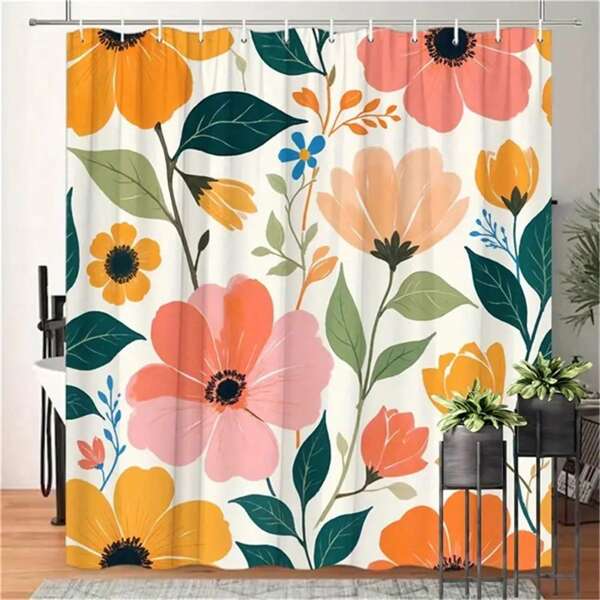 1 Stück farbenfroher Blumen Duschvorhang - kräftige Orange, Pink und Pfirsichblumen mit grünen Blättern, moderne Polyester Badezimmer Dekoration, 12 Haken, waschbar, moderne Badezimmer Accessoires Sommer Badezimmer Accessoires Schulbeginn