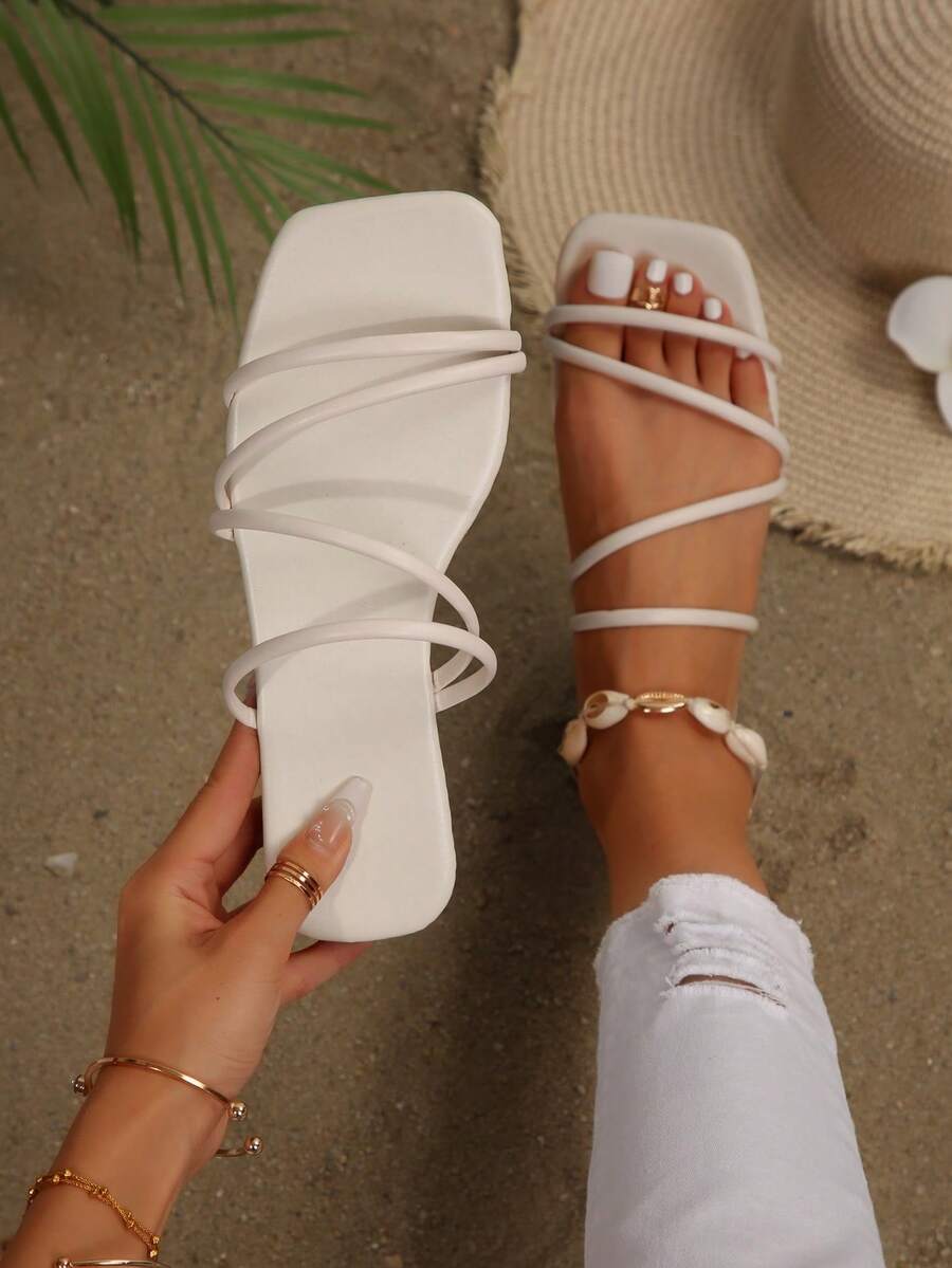 Women's Casual Flat Sandals, New Summer Simple Strappy Strap Slippers, Fashion Versatile Holiday Beach Shoes