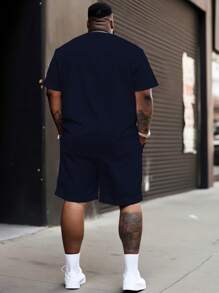 2 pezzi Set di top a maniche corte e pantaloncini con stampa a contrasto di colore, di moda, per uomo taglia grande, completo con t-shirt a girocollo e pantaloncini con coulisse
