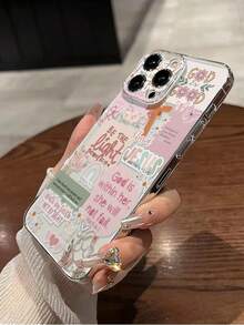 Pink Slogan Element Fashion Shockproof 1pc Transparent Perforated Pink Patchwork Letter Painted Thick Shockproof Phone Case/Cover Compatible With IPhone/ Galaxy Smartphones International Version Not The Domestic Version Spring Gift Easter Cases - Multicolor - View 6