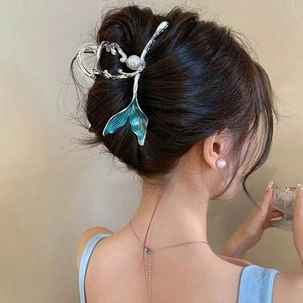 1pc Women's Blue Mermaid Metal Big Hair Claw Clip, High-End Faux Pearl Claw Clip, Elegant Princess Ponytail Hairpin Hair Clips Hair Jaw Clip Hair Clamps Hair Clutch Hair Catcher Clip