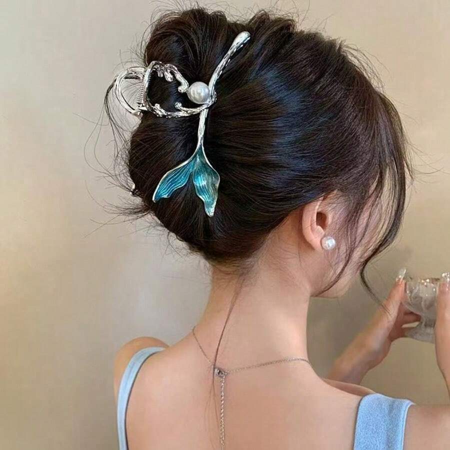 1 件女士蓝色美人鱼金属大发爪夹，高端仿珍珠爪夹，优雅公主马尾发夹发夹发夹发夹发夹发夹发夹秋冬发饰女士度假装女士