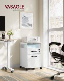 VASAGLE  Archivador móvil sobre Ruedas, para Oficina en casa, 2 cajones con Bloqueo, para tamaño A4, Carpetas Colgantes tamaño Carta, Estante Abierto, Marco de Acero, Blanco Nube - Blanco - Ver 3